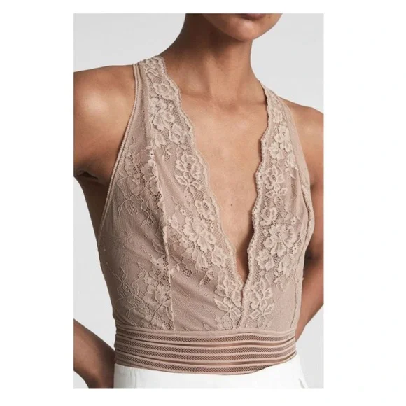 New! REISS London Candy Sleeveless Lace Bodysuit in Mink - Picture 5 of 9